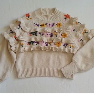 Zara limited edition ruffle embroidered floral sweater S